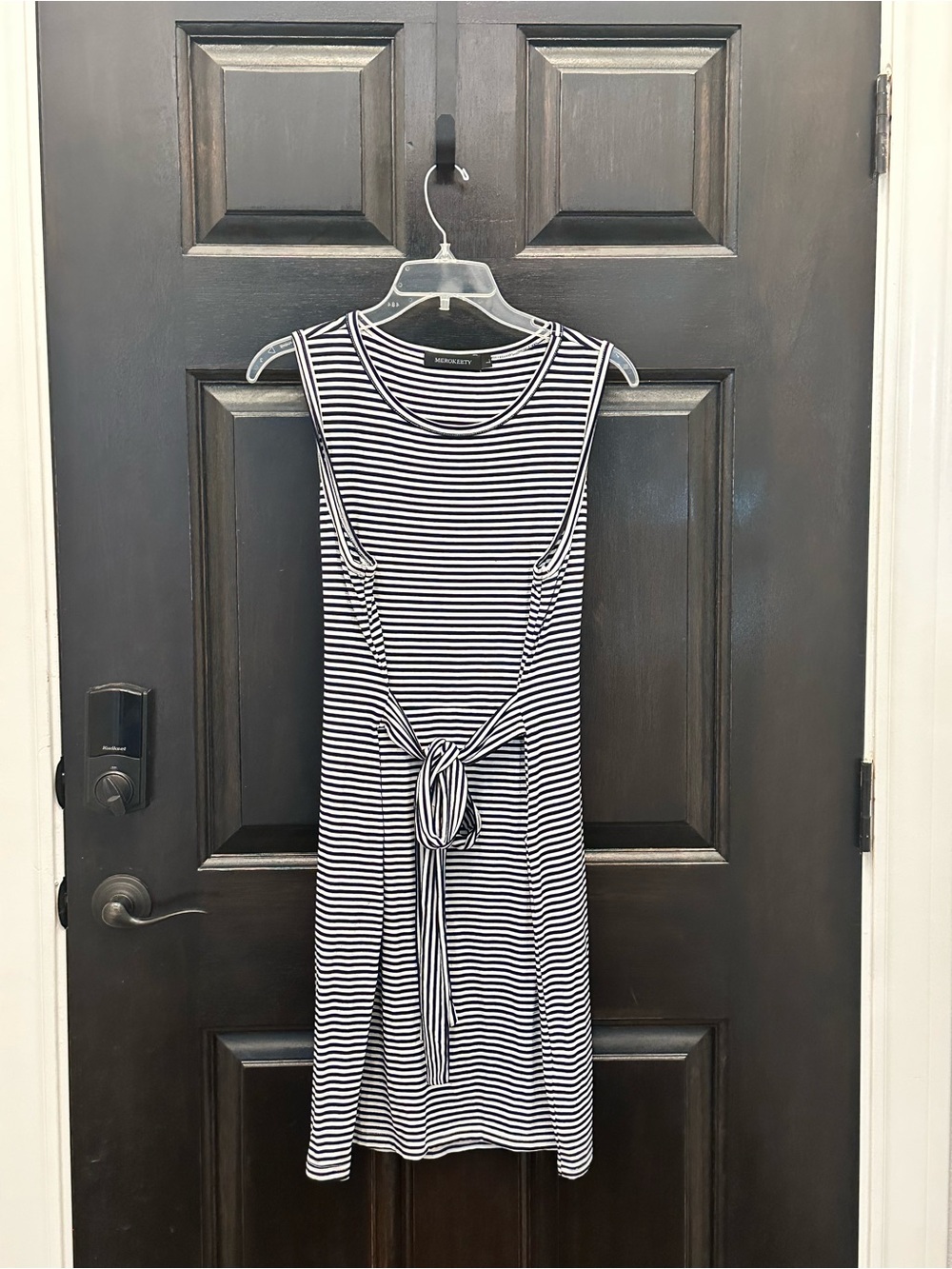 Sleeveless Black & White Striped Tie-Waist Mini Dress L